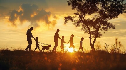 Fototapeta na wymiar people in the park. silhouette of a big happy family on a walk with a dog at sunset in a field in nature. happy family kid dream lifestyle concept. big friendly family walk at sunset in the park