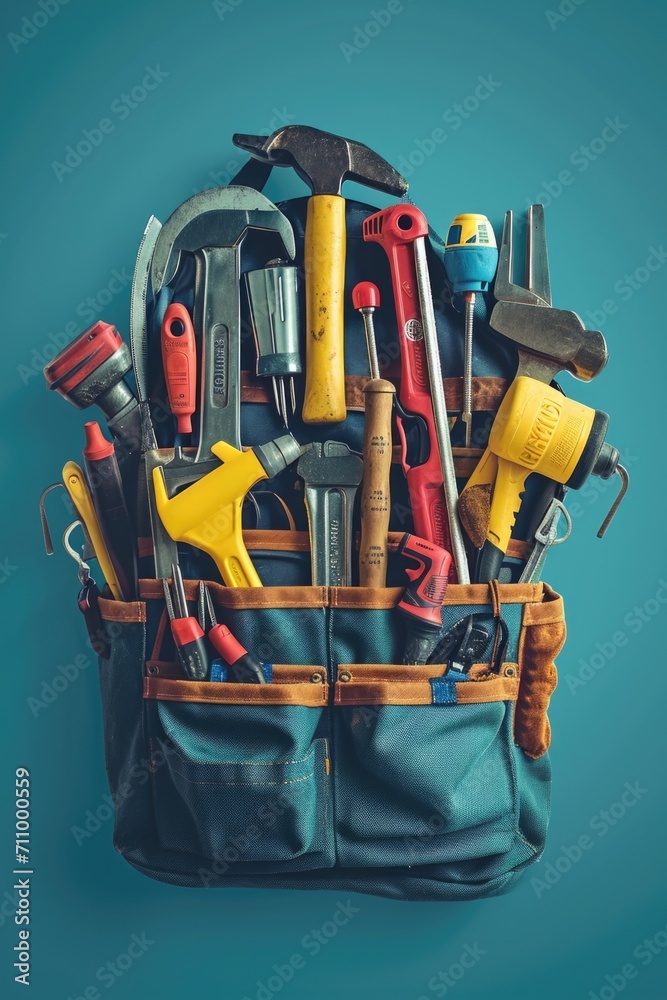 Poster a picture of a tool bag filled with various tools, set against a blue background. perfect for illust