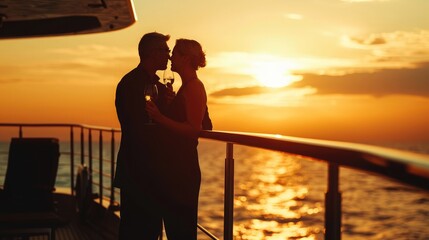 Senior business man and his wife celebrating on celebration event at the yacht deck,Silhouette romance scene marriage anniversary over sunset, luxury life and happiness moment, life insurance