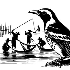 oriole observing fishermen casting nets in a tranquil bay Vector Logo Art - obrazy, fototapety, plakaty
