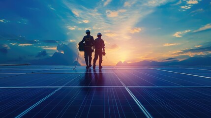 Silhouette engineers walking on roof inspect and check solar cell panel by hold equipment box ,radio communication, solar cell is smart grid ecology energy sunlight alternative power factory concept - obrazy, fototapety, plakaty
