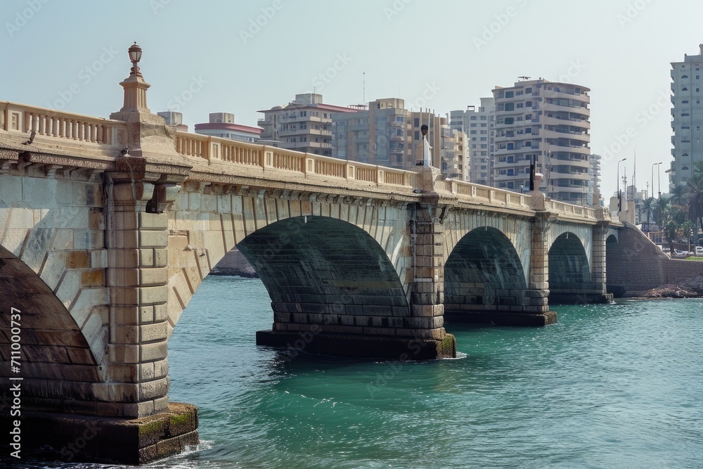 Poster A picture of a bridge spanning over a body of water with buildings in the background. Suitable for various uses
