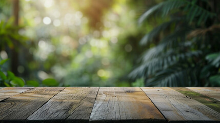 Wooden table on the background of the sea, island, king of the forest and blue sky. Display. Wooden...