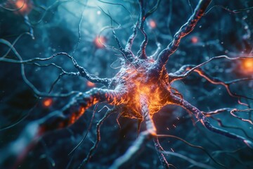 A detailed close up view of a neuron cell. This image can be used in educational materials or scientific publications