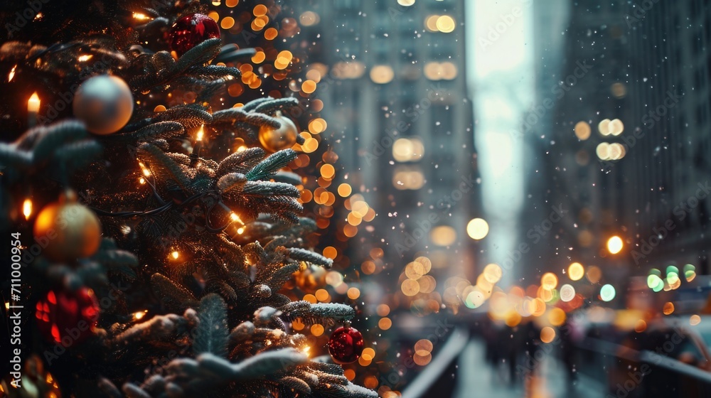 Poster a festive christmas tree standing tall in the middle of a bustling city street. perfect for adding a