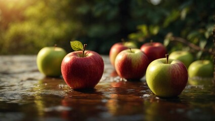 Ripe red and green apples in a puddle. Selective focus