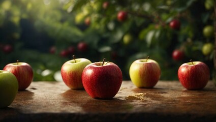 Ripe red and green apples on wooden table in apple orchard