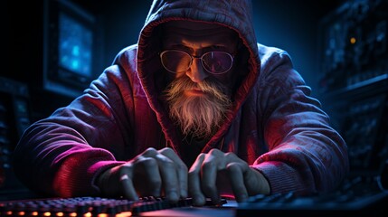 Bearded hacker in glasses and hoodie typing on keyboard in dark room with blue light,