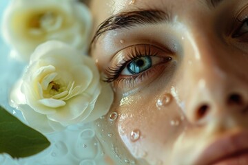 Close up of a woman's face with flowers in the background. Suitable for various uses - obrazy, fototapety, plakaty