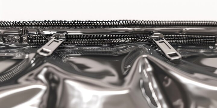 A detailed close-up view of a silver purse with multiple zippers. Perfect for fashion and accessories-related projects
