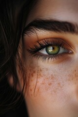 Fototapeta premium A detailed close-up shot of a woman's eye with beautiful freckles. Perfect for beauty and skincare related projects.