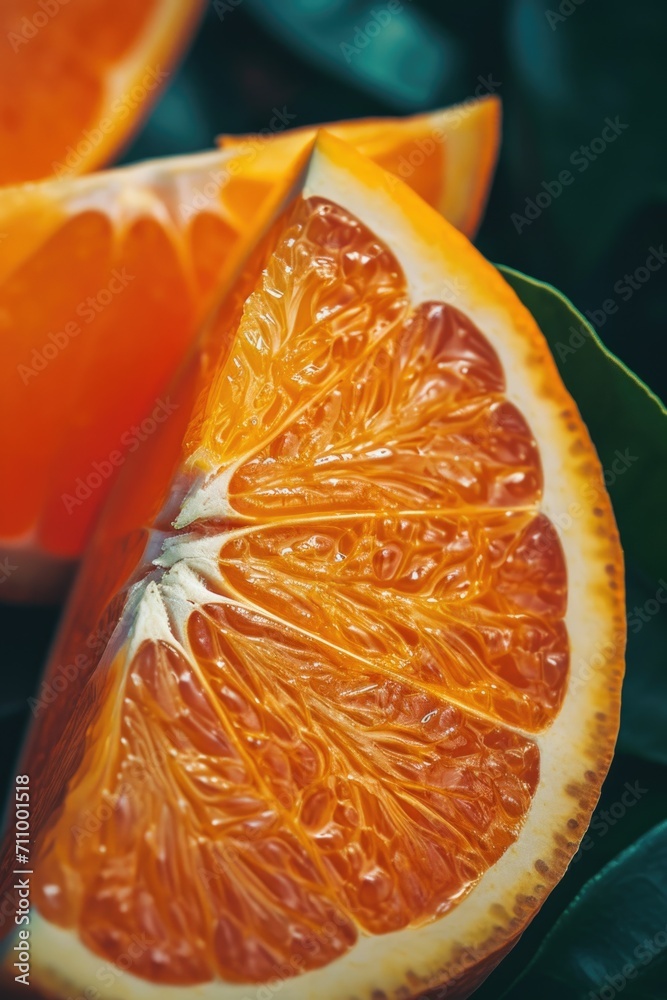 Poster an image of a sliced orange placed on a table. suitable for food and nutrition-related content