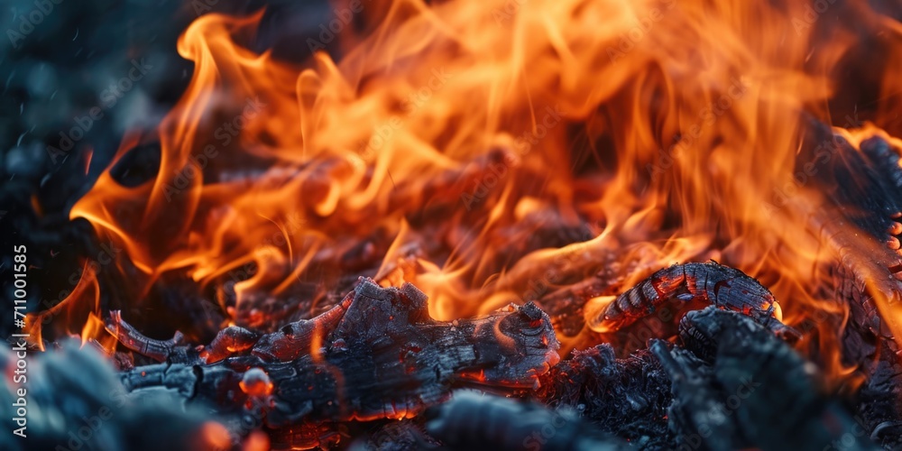 Poster A close-up view of fiery flames. Perfect for adding warmth and intensity to any project