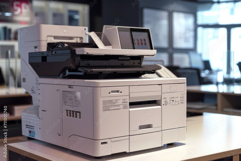 Poster a white printer sitting on top of a table. perfect for office and technology concepts