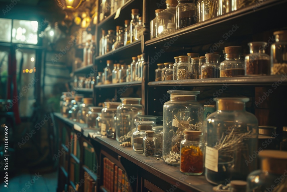 Aufkleber a shelf filled with numerous glass jars. can be used for storage or as a decorative display