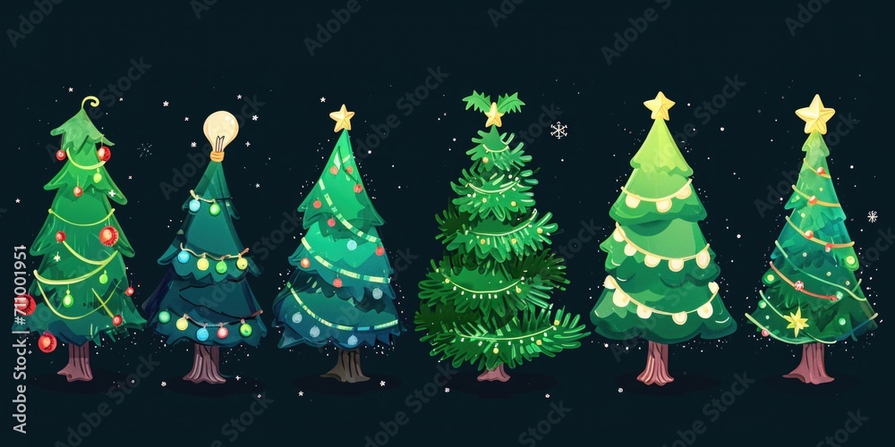 Poster a row of christmas trees adorned with twinkling lights. perfect for holiday decorations and festive 