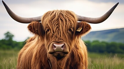 Highland Cow in a Picturesque Field - obrazy, fototapety, plakaty