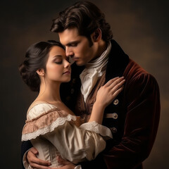 The romantic Victorian couple embraces each other happily in this historical scene, Generative AI