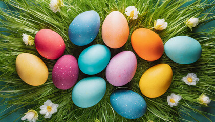 Fototapeta na wymiar Holiday Easter hunt, top view eggs in grass, greeting card