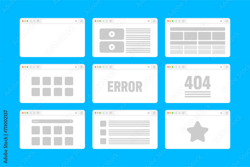 Poster web browser window, pages layout with toolbar and search field. modern website, internet page in fla