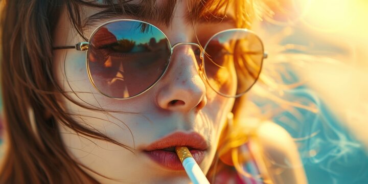 A woman with sunglasses and a cigarette in her mouth. This image can be used to depict a cool and stylish attitude