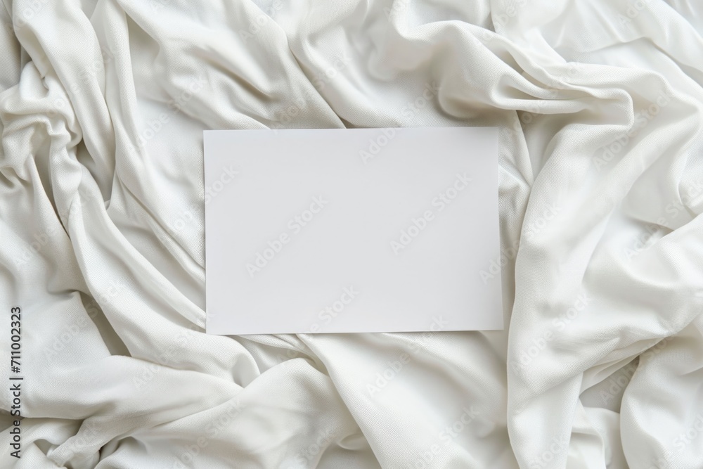 Poster A sheet of paper placed on a neatly made bed with white sheets. Suitable for various concepts and themes