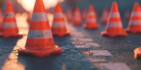 Orange and white cones arranged on a road, suitable for traffic control or construction purposes - obrazy, fototapety, plakaty