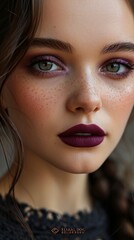 Generative AI image of the girl has a beautiful purple eye shadow and a dark lipstick with purple blush
