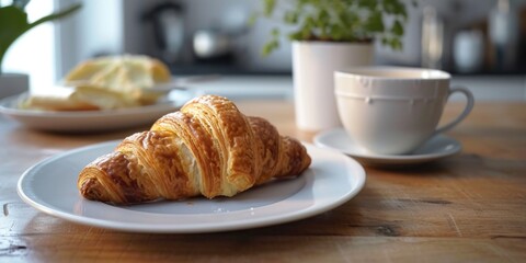 A delicious croissant on a plate, served alongside a steaming cup of coffee. Perfect for breakfast or brunch scenes