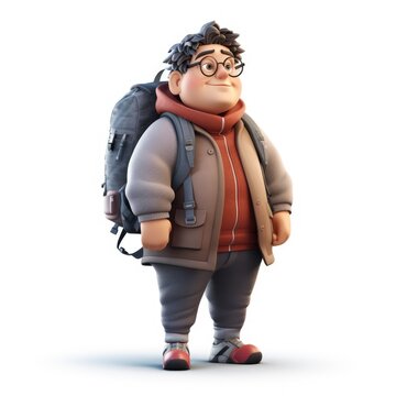 3D character male traveler with backpack. Vacation, Hiking, hiking trail. Lost, not knowing, confused,