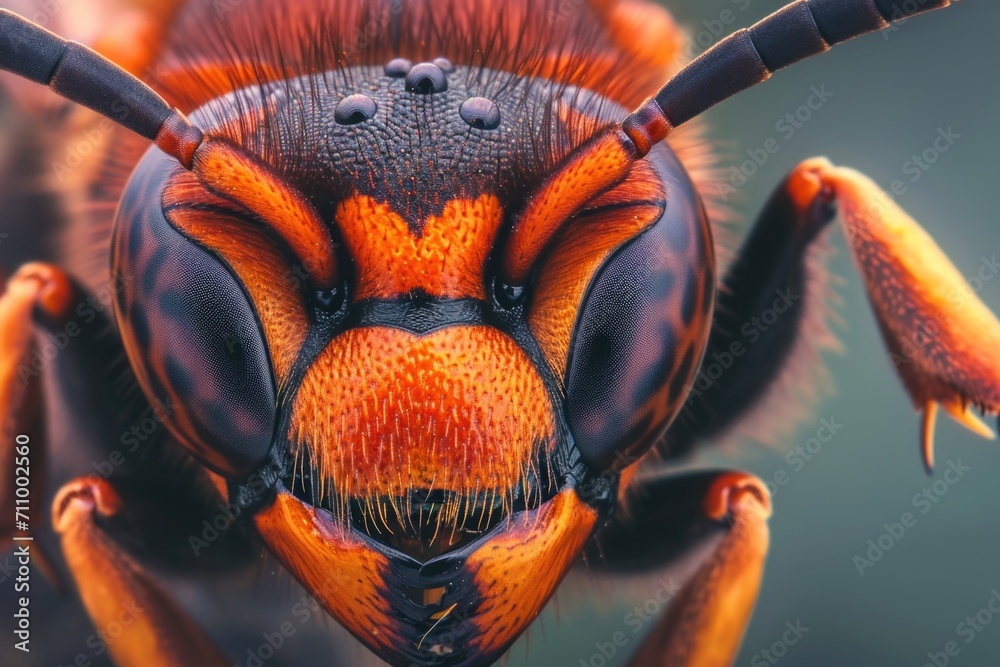 Poster A detailed close-up of a bee's face with its eyes open. This image can be used to showcase the intricate details of a bee's anatomy and its unique features.