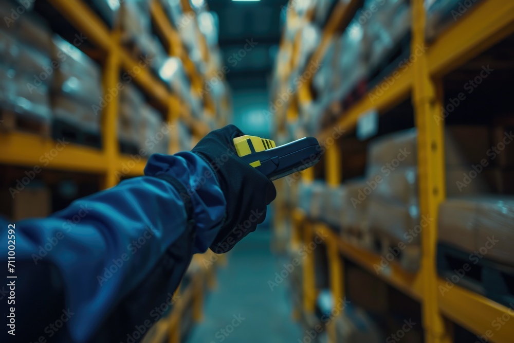 Aufkleber a person is seen holding a remote control in a warehouse. this image can be used to depict technolog
