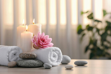 Candles and lotus flowers White towel lying on the table, set for relaxation, spa salon
