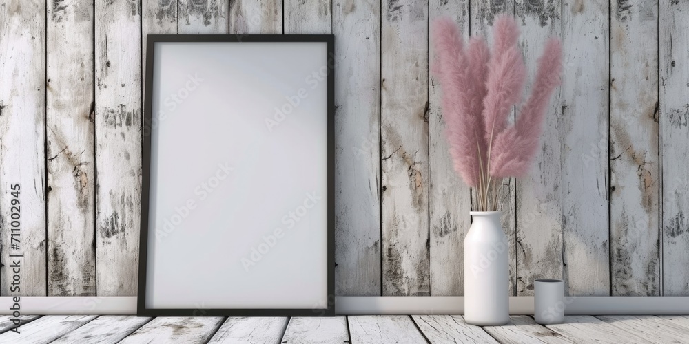 Poster An empty picture frame sits next to a vase filled with beautiful pink flowers. This versatile image can be used for various purposes