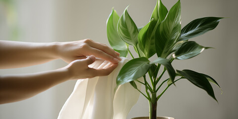 Hands wiping dust on leaf with potted plants , care and cleaning leaves photo with light background
