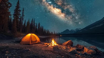 Deurstickers Camping under stars with bonfire and tent in Banff National Park © Orxan