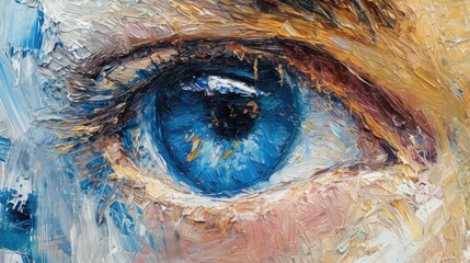 A detailed close-up shot of a painting depicting a person's eye. This image can be used for various purposes, including illustrating art, creativity, and human expression