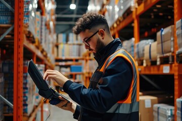 A man is seen using a tablet computer in a warehouse. This image can be used to depict technology in an industrial setting