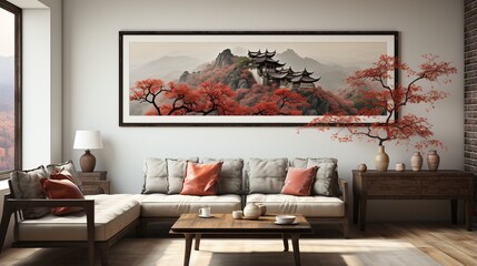 Asian living room interior with sofa and oriental landscape painting