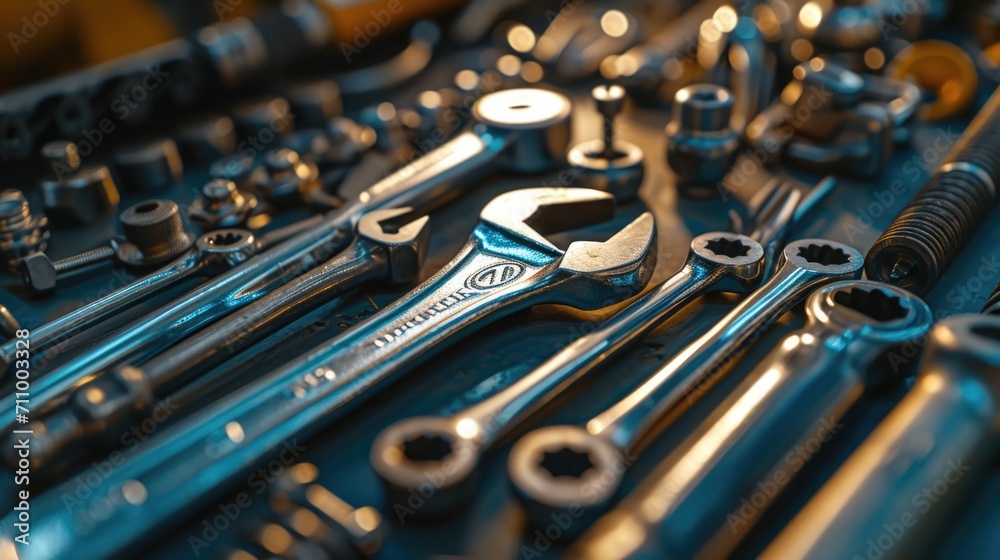 Poster A collection of various wrenches neatly arranged on a table. Ideal for illustrating tools, repairs, or DIY projects