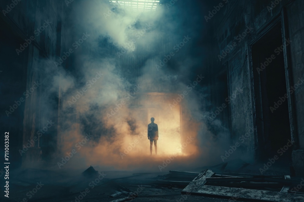 Poster A person standing in a dark room with smoke emanating from it. Perfect for creating a mysterious and atmospheric setting.
