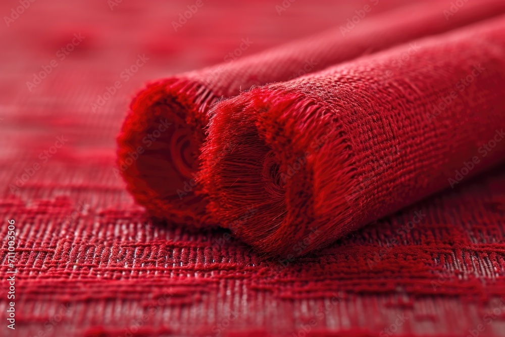 Poster A close up view of a red cloth placed on a table. This image can be used to add a pop of color and texture to any design