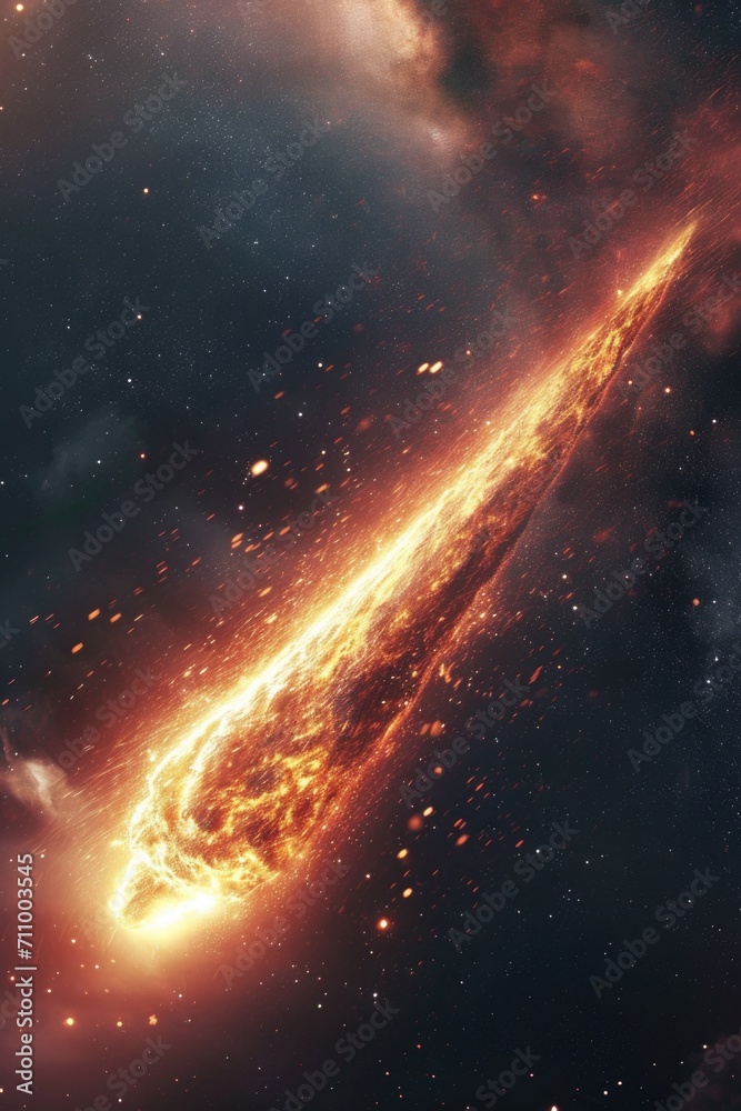 Poster a stunning image of a bright orange comet in the sky. perfect for astronomy enthusiasts and space-th
