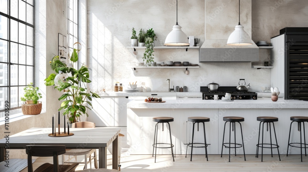Poster a kitchen with a table and stools next to a window. suitable for home decor or interior design proje