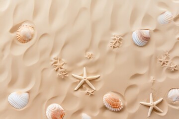 Generative AI image of Top view of a sandy beach with seashells and starfish
