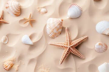Fototapeta na wymiar Generative AI image of Top view of a sandy beach with seashells and starfish