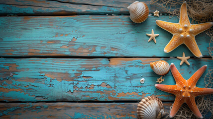 Seashells and Starfish on Weathered Wooden Planks