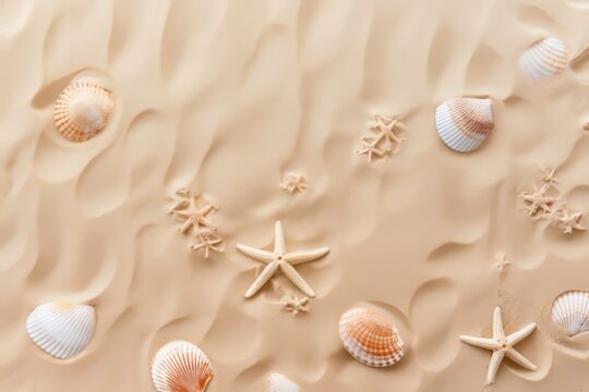 Generative AI image of Top view of a sandy beach with seashells and starfish