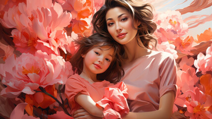 A young woman of Asian appearance tenderly hugs a child against a background of bright flowers in warm tones. Happy mother with a small child on a beautiful floral background. Mother's Day concept