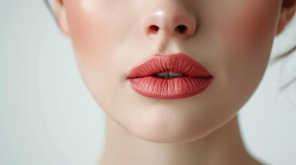 Close-up shot of a woman's face with vibrant red lipstick. Perfect for beauty and cosmetics advertisements